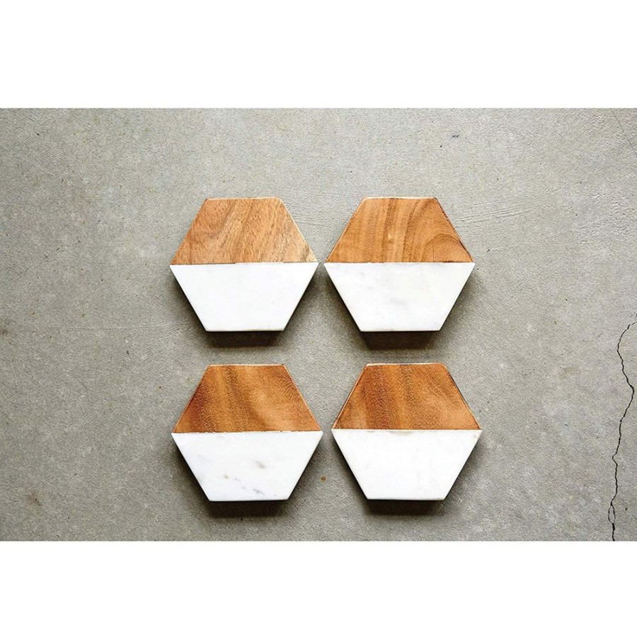 More Creative Co-Op | Marble Mango Wood Hexagon Coasters (Set Of 4)